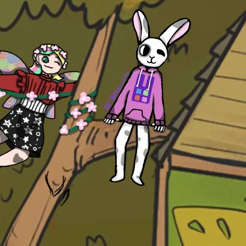 This is my sona located in a tree at the top of the Sunset version of the Artfight treehouse canvases (Gila Gal is the Fairy next to me) My Artfight is Beabunny and my Twt is @Beabunny9000