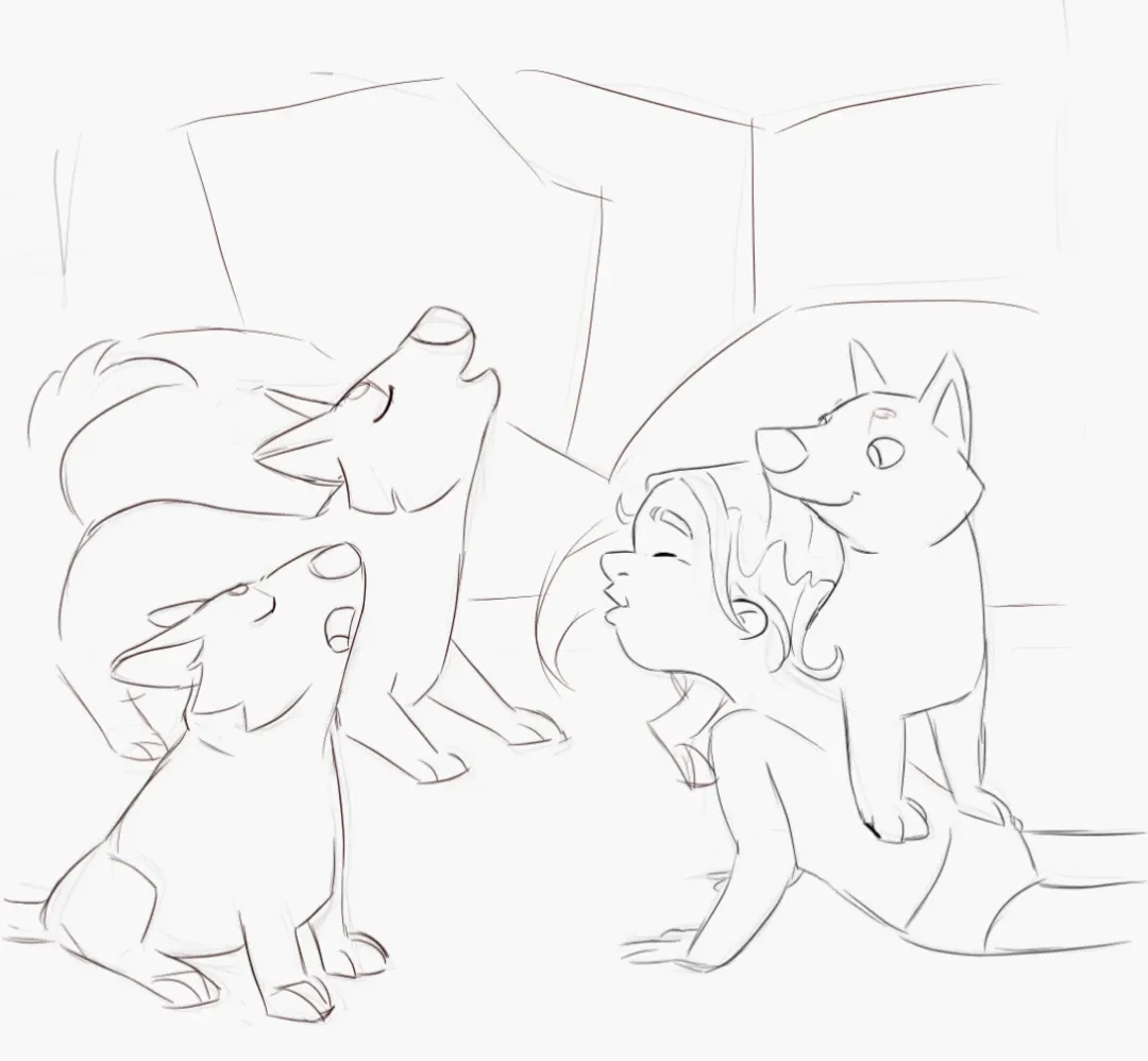mowgli howling with pup wolfs sketch