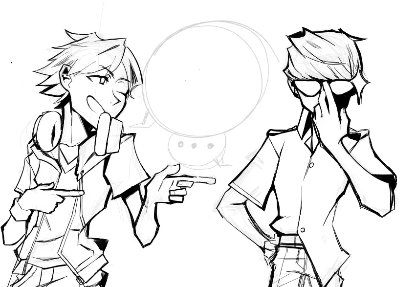 dont go on here ok. but this is yosuke and yu talking or something in the style of twewy. except that its unfinished and i have no idea what goes in the bubble. 
